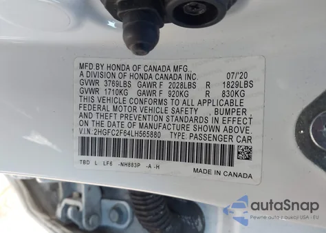 2020 Honda Civic Lx z USA, uszkodzony, nr VIN 2HGFC2F64LH565880